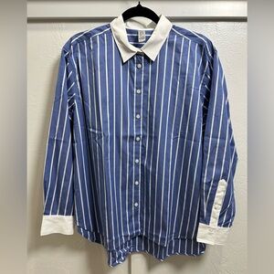 ✨NWT✨ SPANX Relaxed Fit Poplin Blue and White Striped Shirt